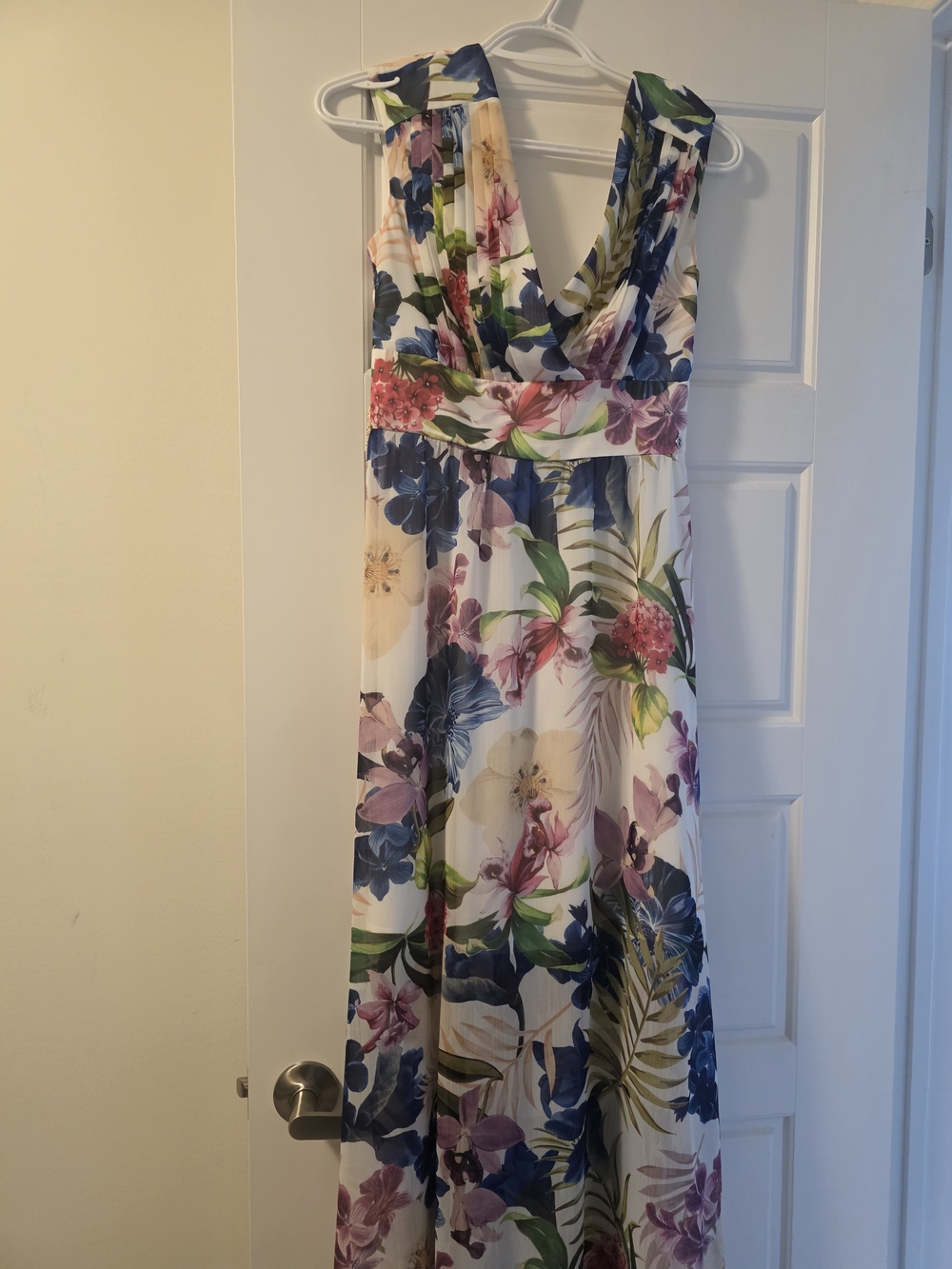 Guess White Floral V-Neck Maxi Dress with Blue, Purple, Pink and Green Print